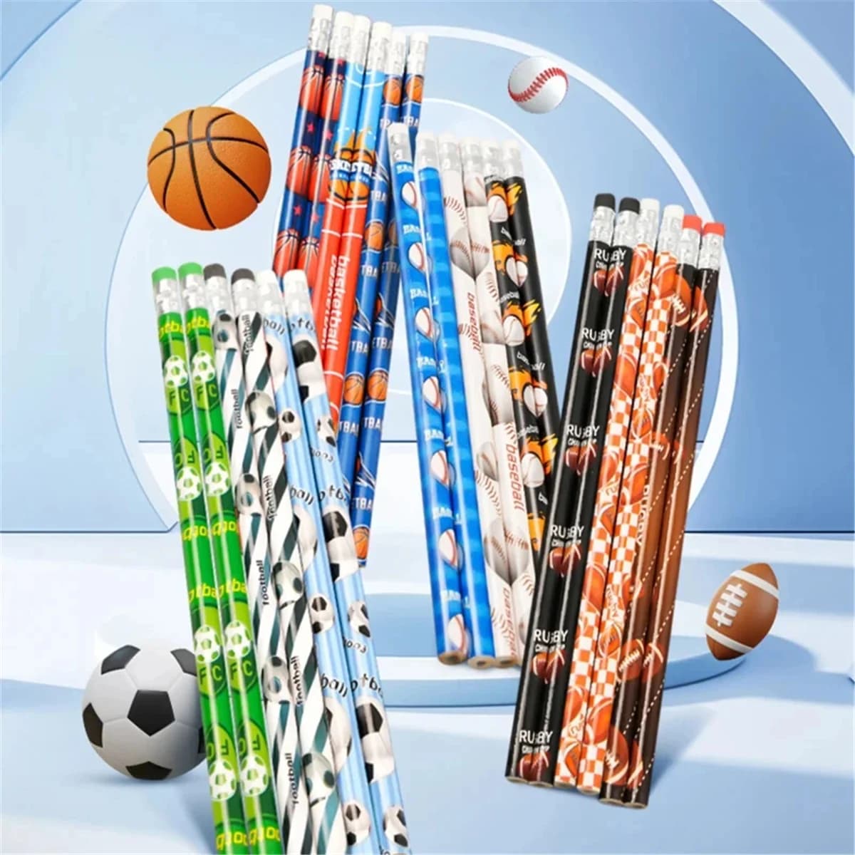 12 sports themed wooden pencils, with basketball, football, baseball and rugby motifs, for children, school supplies, wedding favors