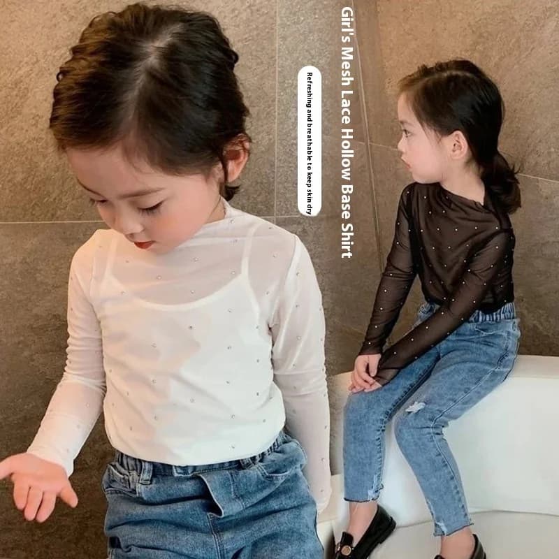 Girls' Mesh Top Long Sleeved Hollowed out Mesh T-Shirt, Children's Thin Breathable Sequin Fashionable Outerwear Base Shirt