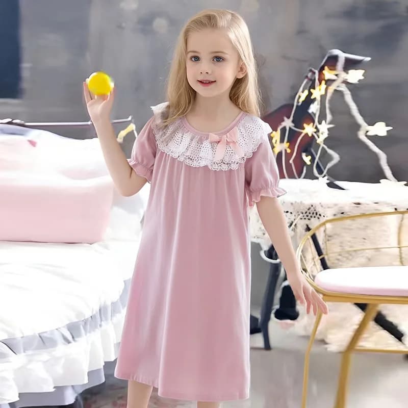 Short Sleeved Nightgown Summer New Thin Casual Loose Comfortable Simple Solid Color Lace Collar Bow Pajamas