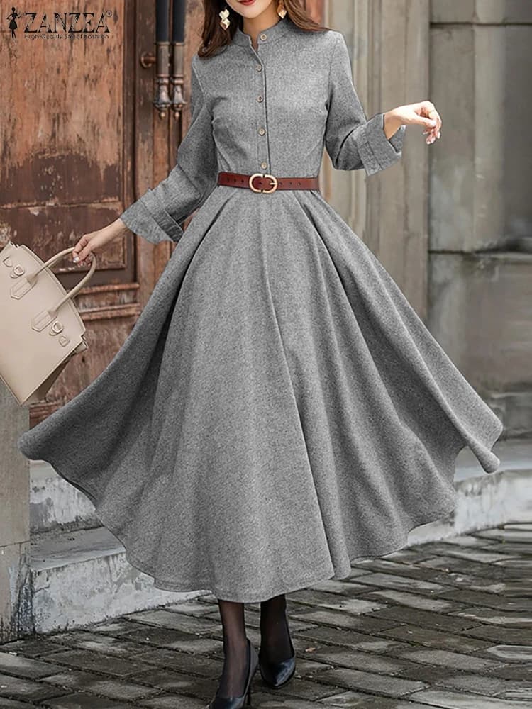 Autumn Dress Women Stand Neck Fashion Long Sleeve Sundress 2025 ZANZEA Casual Loose Robe Solid Color Elegant Office Vestidos