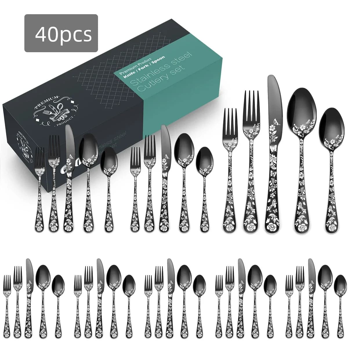 20/40 pieces cutlery set christmas model laser cutlery set for stainless steel dishes set cutlery knife fork black set of kitchen crockery new