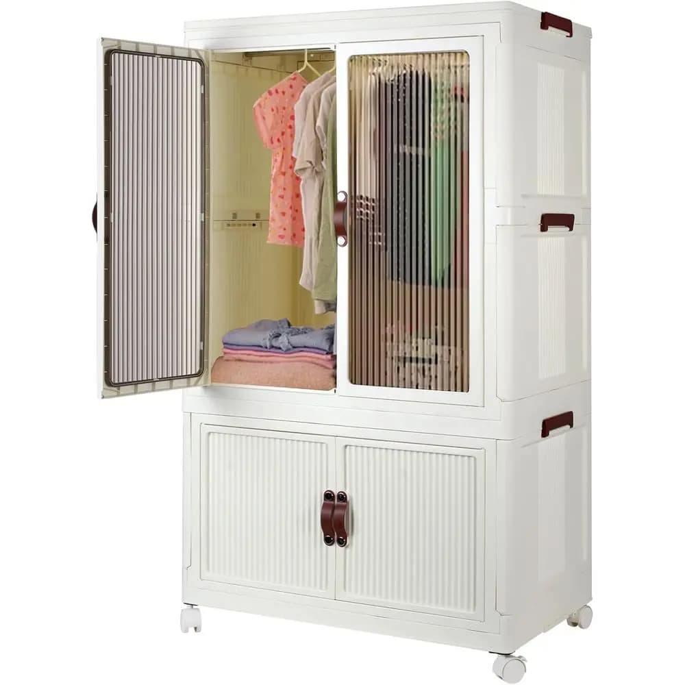 Contenitori Pieghevoli con Coperchio, Organizzatore Portatile per Armadio, Contenitore Mobile per Vestiti con Appendiabiti, Bianco
