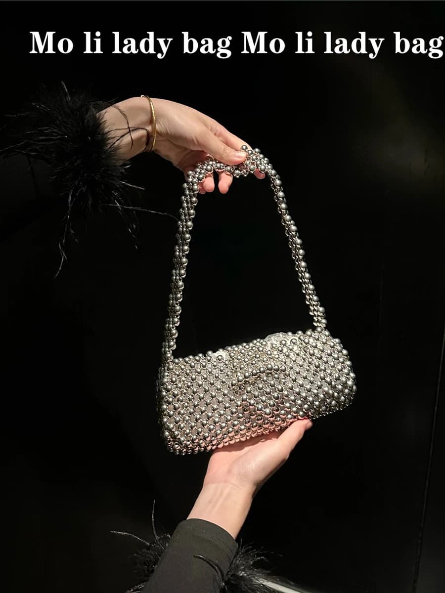 2025 New Small Beaded Flip Cover Breadstick Bag Single Shoulder Handbag Popular Ladies Purse Casual Tote Bag Trendy Design