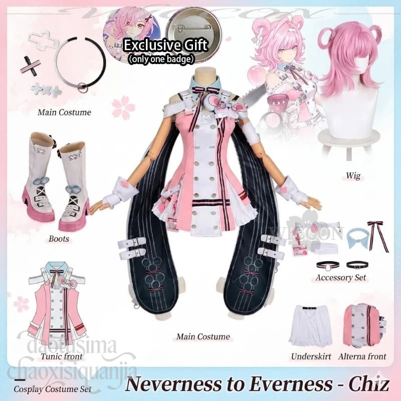 Costume Cosplay Neverness To Everness Chiz Anime Game, Abito Kawaii Rosa Punk Y2K, Copricapo, Scarpe, Cappello, Parrucche, Completo Jirai Kei per Feste