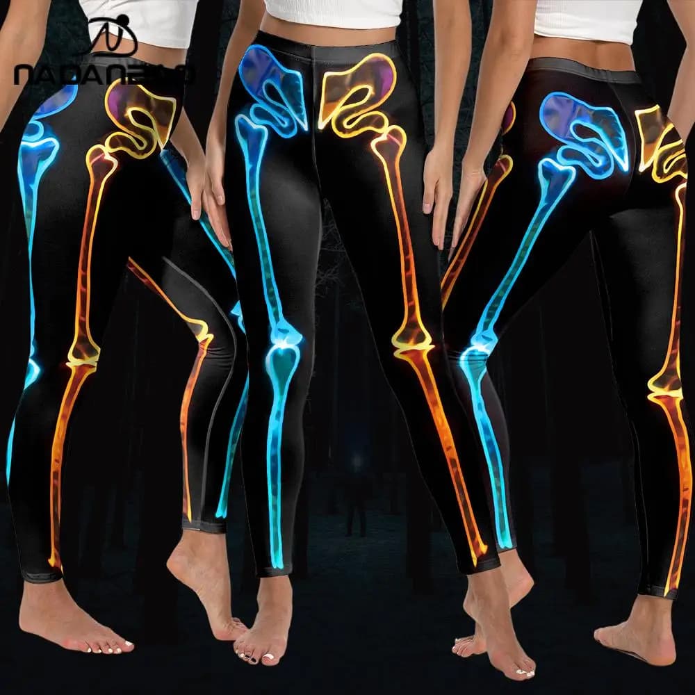 NADANBAO fluorescenza scheletro scheletro Leggings di Halloween donna Fancy Cosplay Party Pants pantaloni elastici elastici da allenamento