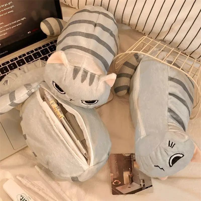Soft Plush Cat Pencil Case Gray Kawaii Large Capacity Bag Makeup Pouch for Teen Girls School Gifts
