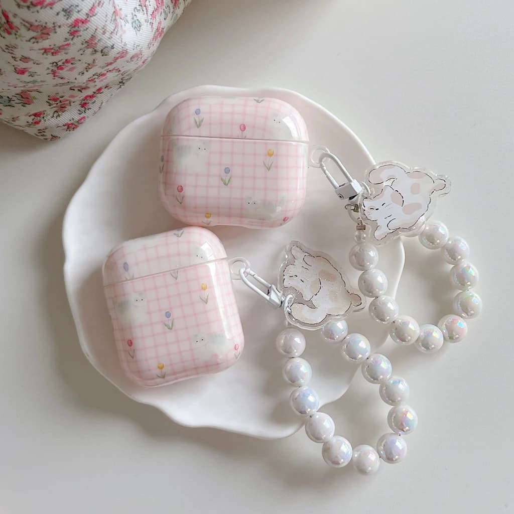 Custodia Protettiva Antiurto per Auricolari Airpods 1 o 2 3 4 Pro 2 Pro 3 con Ciondolo a Forma di Gatto Floreale a Quadretti Rosa Dolce e Carino con Perline