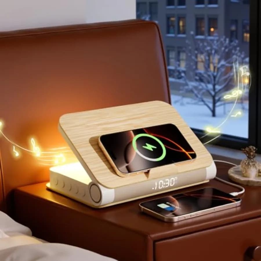 Sveglia con Caricatore Wireless, Altoparlante Bluetooth, Luce Notturna a Forma di Libro con Simulazione Alba per Adulti con Sonno Pesante