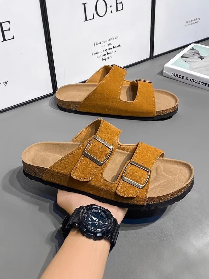 Men's Summer Outdoor Wear Anti-Slip Thick Bottom Cork Slippers Casual Beach Sandals One-Strap Slip-On Shoes