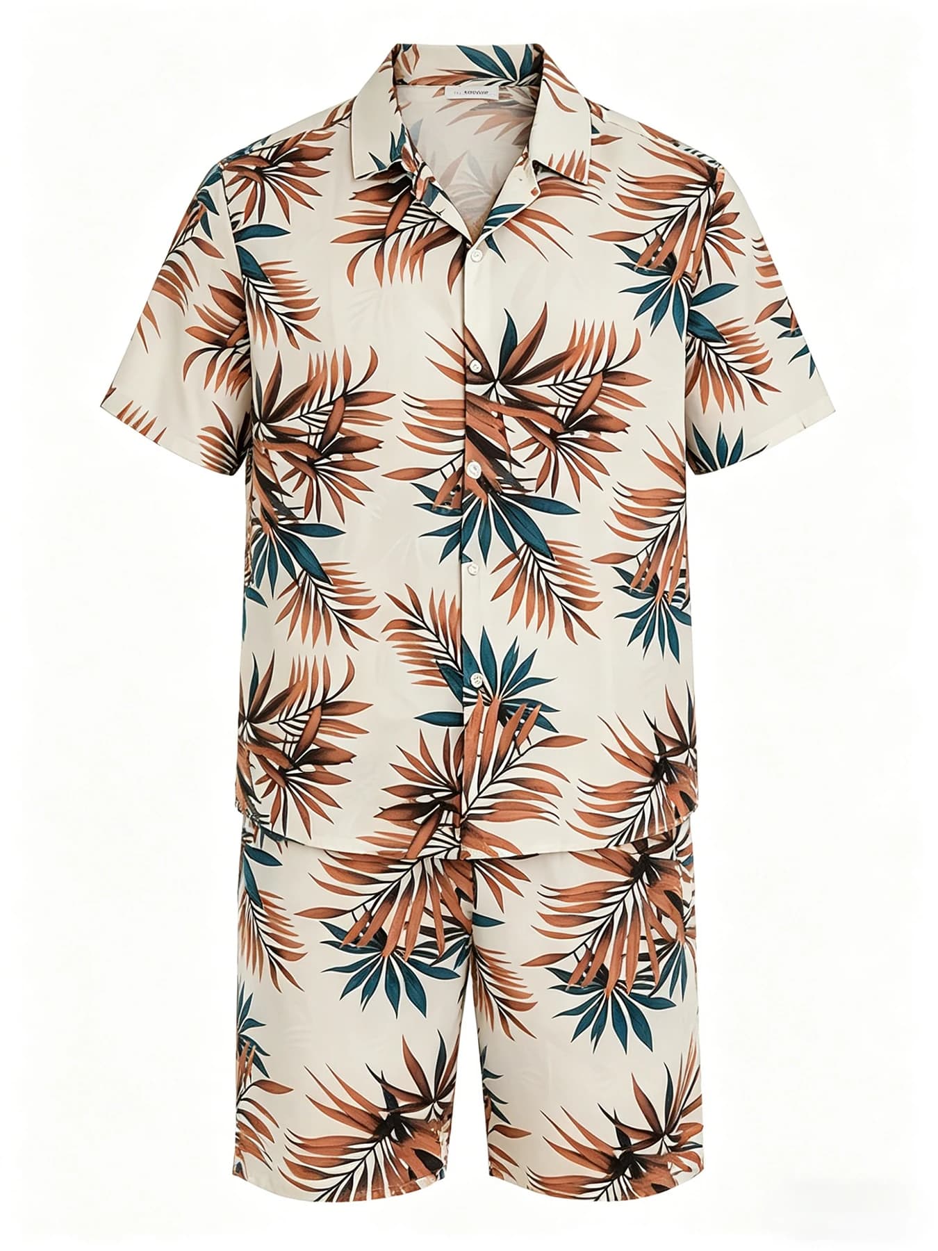 Set pigiama da uomo con stampa foglie, camicia a maniche corte e pantaloncini con elastico in vita e tasche, morbidi indumenti da notte estivi