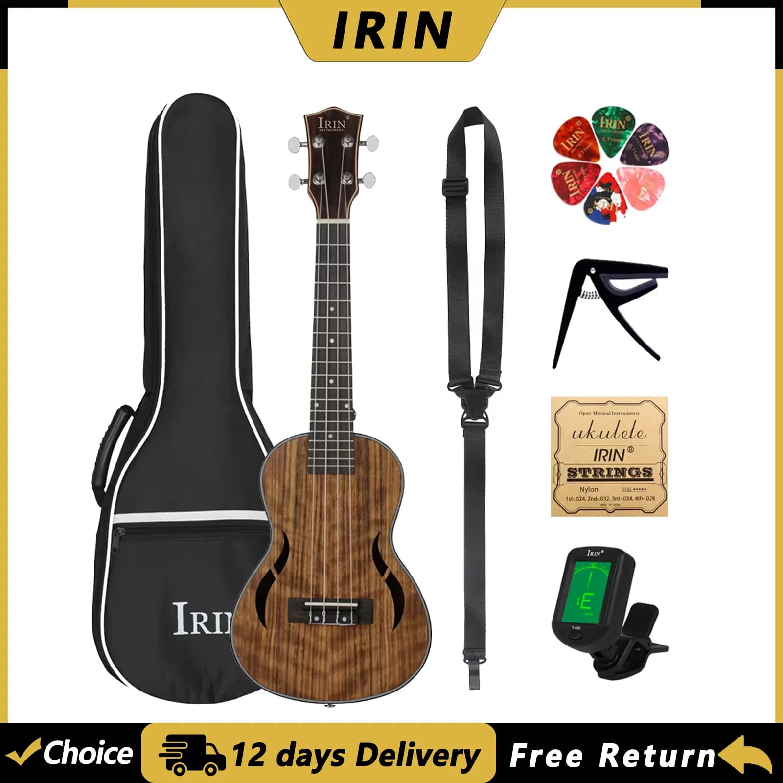IRIN Ukulele 23 Pollici a 4 Corde, Chitarra Hawaiana con Corpo in Noce, Borsa, Accordatore e Accessori