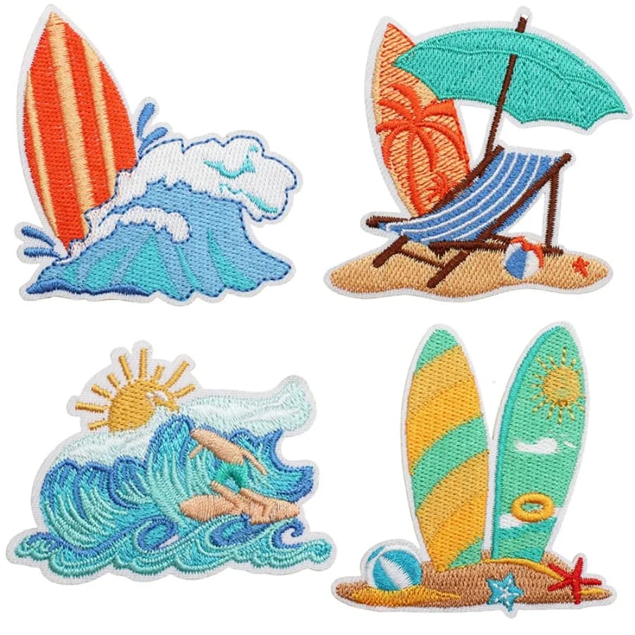 4 Summer Beach Theme Embroidery Patches, Surfboard Wave Patches, Cool Ironing Patches, Sunshine Beach Ocean Decor for Clothing, Hats, Jackets, Backpacks