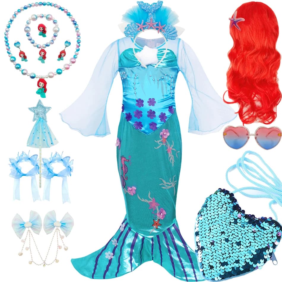 Abito da festa di compleanno a sirena per ragazze estive Abito con stampa di applique da mare Abito a tema cosplay per bambini Abito da ballo con travestimento fantasy