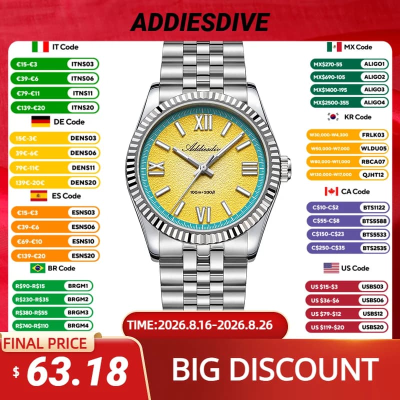 ADDIESDIVE 2025 NEW colored dial quartz watch for man VH31 movement stainless steel sapphire crystal 100M waterproof underwater watches