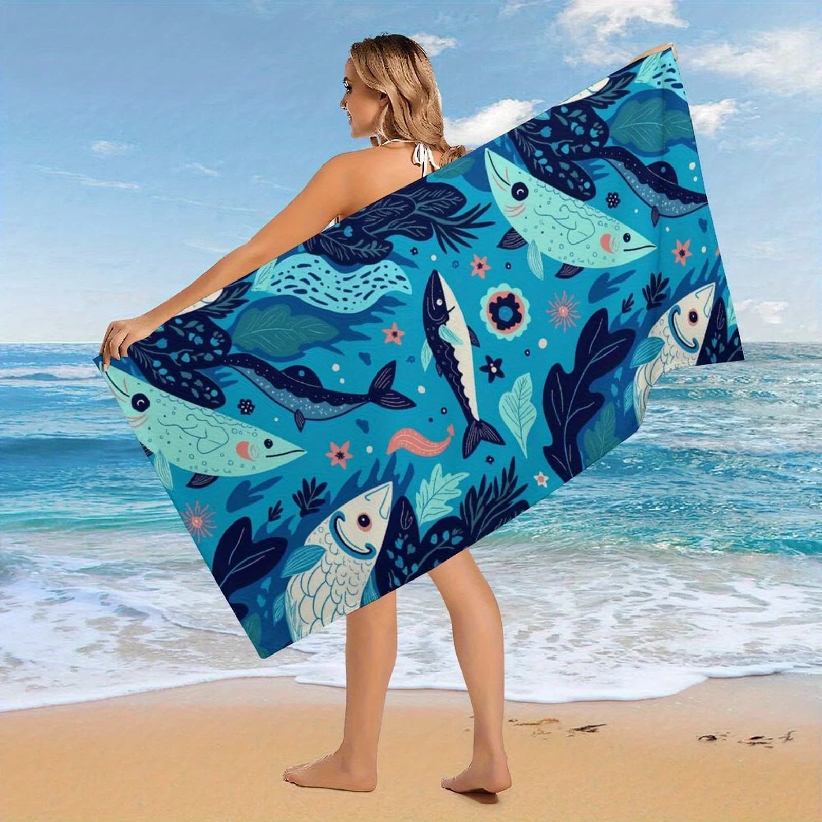 Asciugamano da spiaggia Vibrant Sea World Marine Life - Asciugamano da viaggio leggero in microfibra oversize, ad asciugatura rapida e senza sabbia con squalo, Tu