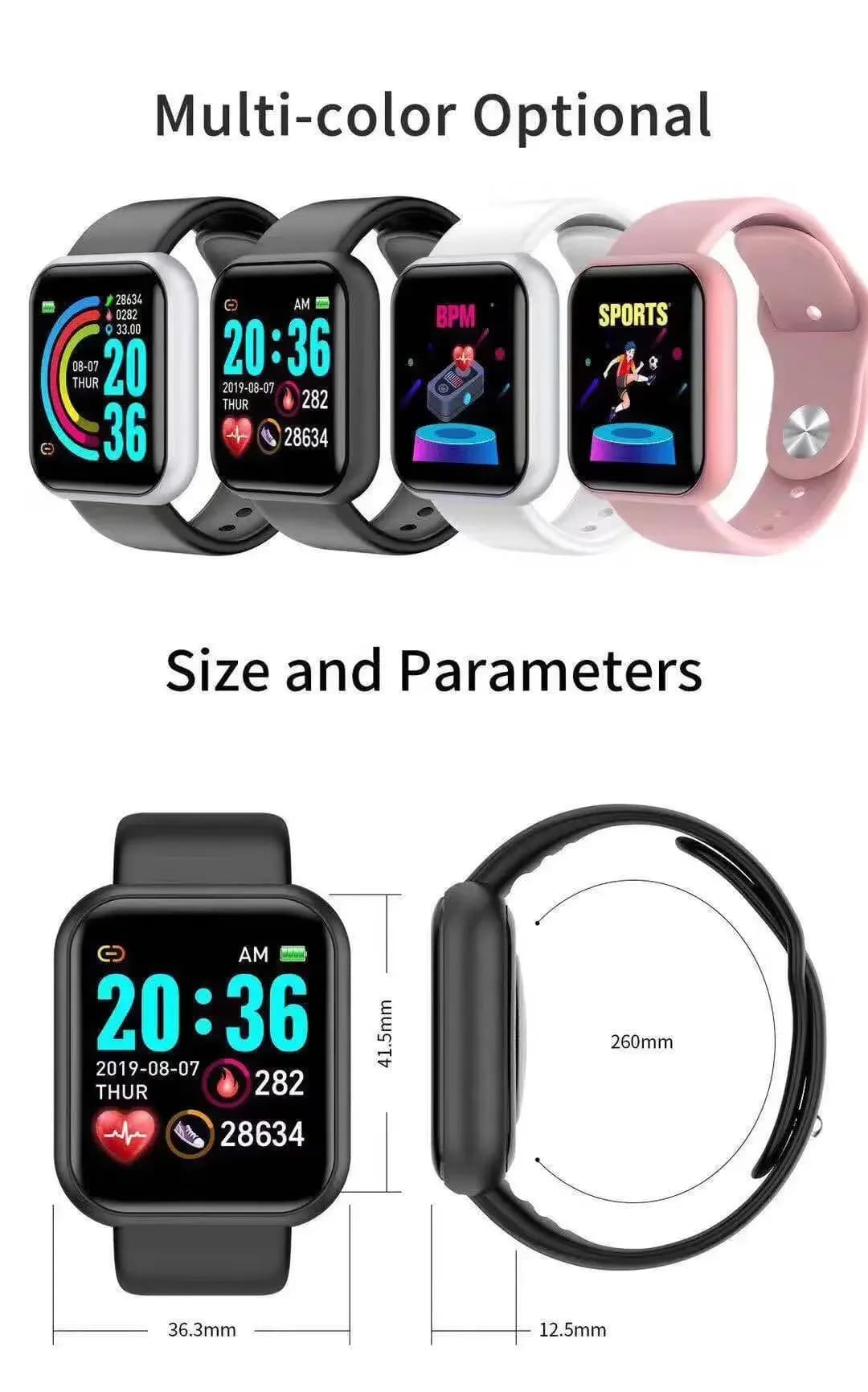 Smartwatch D20 Pro da uomo Y68, monitoraggio della frequenza cardiaca, pressione sanguigna e del sonno, braccialetto fitness tracker sportivo per Android iOS