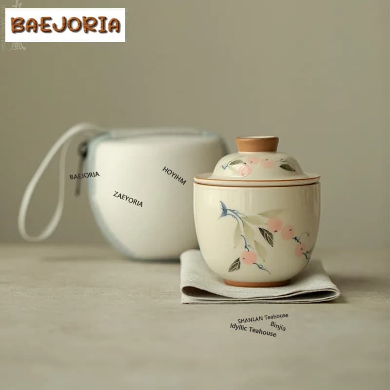 Plant Ash Hand-painted Travel Tea Set Kit Traditional 1 Pot 3 Cups Household Tea Maker Organizer Portable Camping Handbag Craft