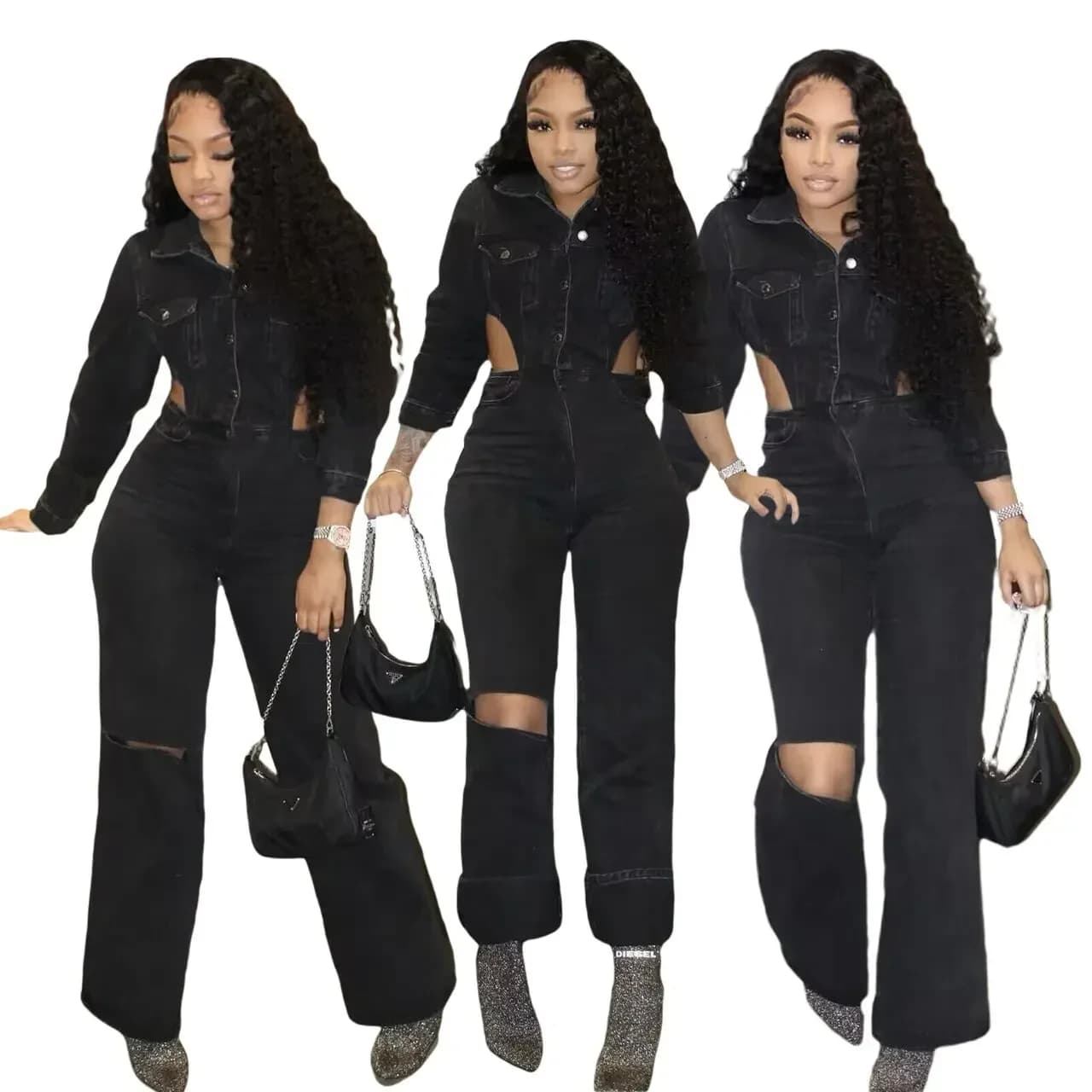 Women's wide leg jeans, washed denim salopettes, single-breasted, wide fit, full length, with perforated inserts and details, solid color, streetwear style, autumn
