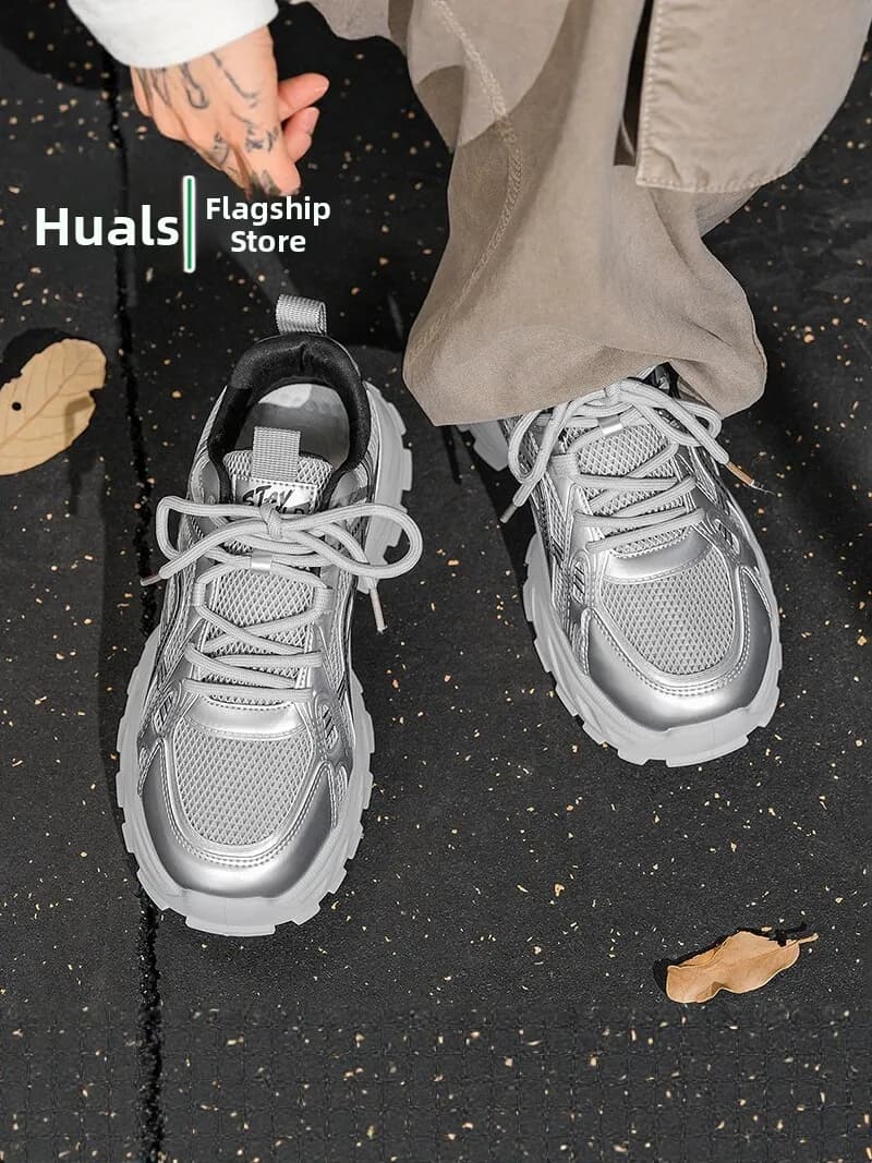 Men's Running Shoes Breathable Mesh Slip-On Sports Sneakers Thick Bottom Heightening Dad Trendy Shoes Summer Leisure Footwear
