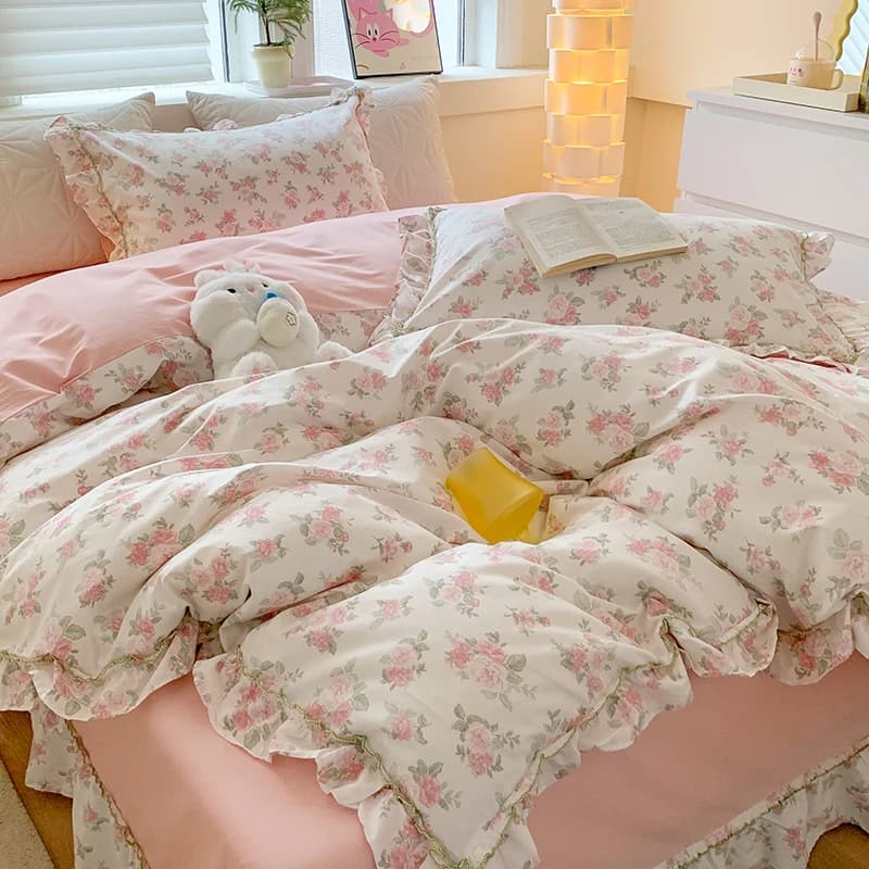 100% Cotton Korean Pastoral Style Linen Set with Floral Pizzo and Volant, Copripiumino/Lenzuolo/Cuscini Single, Double, Queen, King