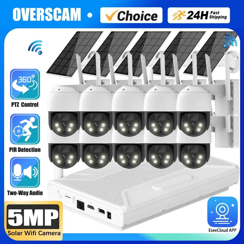 Telecamera di videosorveglianza WiFi da 5 MP a bassa potenza 10CH WIFI NVR Sistema P2P Set Kit di sicurezza per telecamera solare CCTV con rilevamento PIR a due audio