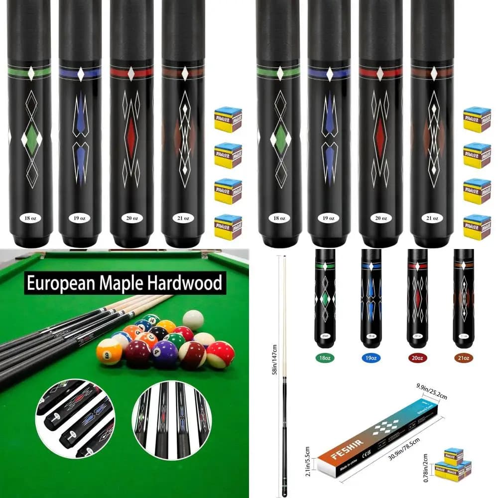 Set di 4 Stecche da Biliardo Premium in Legno d'Acero con 4 Gessetti, Lunghezza 58 Pollici, Ideali per Giocatori Professionisti
