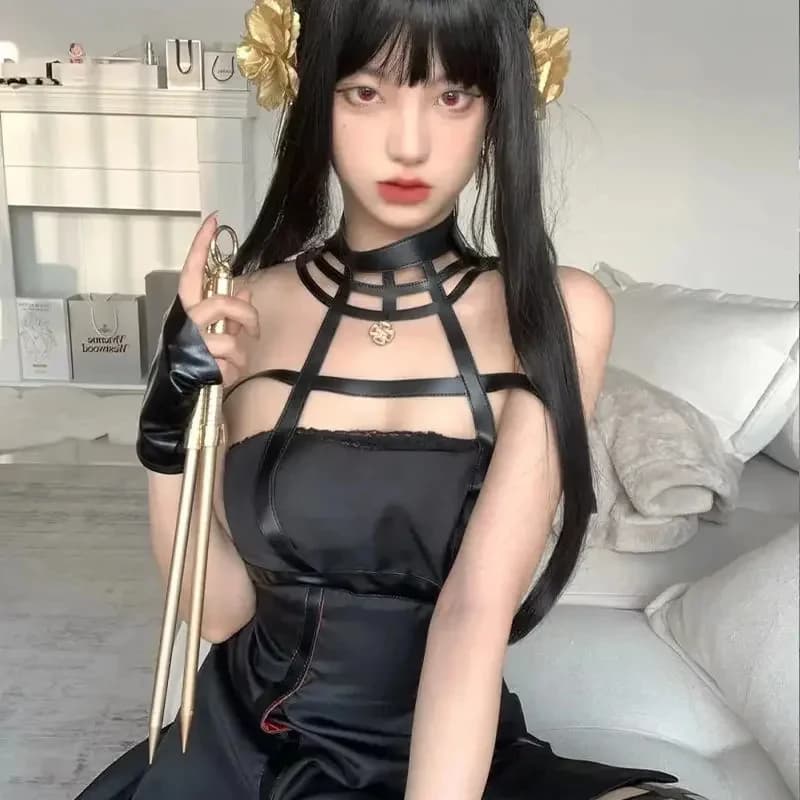 ✜2026❤ Anime Spy X Family Yor Forger Cosplay Gothic Halter Black Dress Leather Stockings Outfit Yor Earring Wig Women Clothes✚