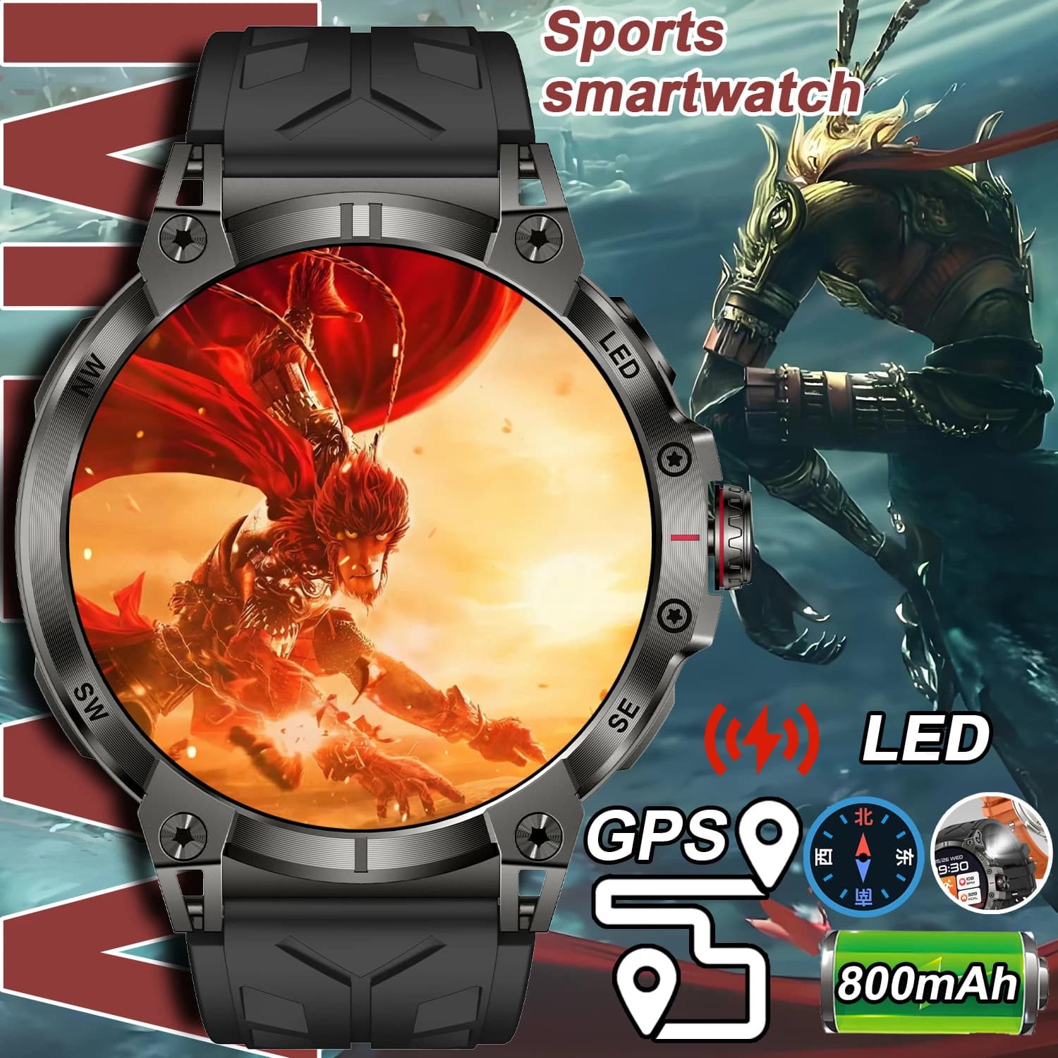 2025NEW1.85 pollici Torcia LED Astuto Della Vigilanza Degli Uomini Bussola 800mAh Chiamata Senza Fili Smartwatch IP68 Impermeabile Esterno 100 + Sport Tracker