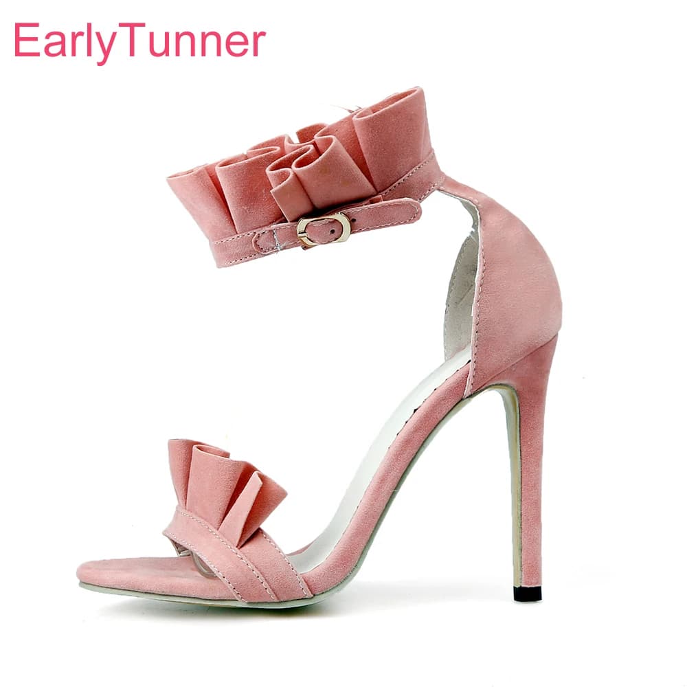 Summer New Pink Fashion Black Women Sandals Ruffles Round Toe High Thin Heels Lady Party Shoes Plus Big Size 12 43 47 49 52