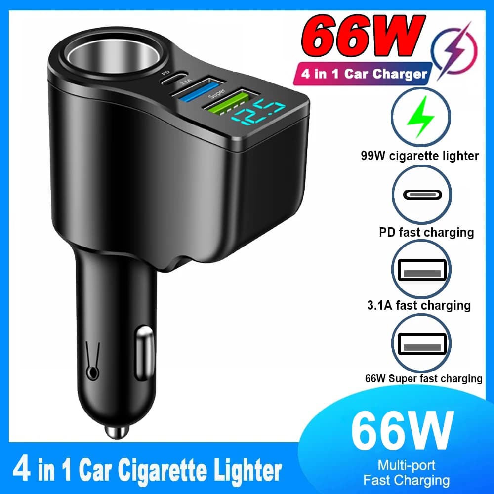 Caricabatterie per auto 4 in 1 da 66W con display della tensione, ricarica rapida USB PD 3.1A per Samsung Huawei Xiaomi