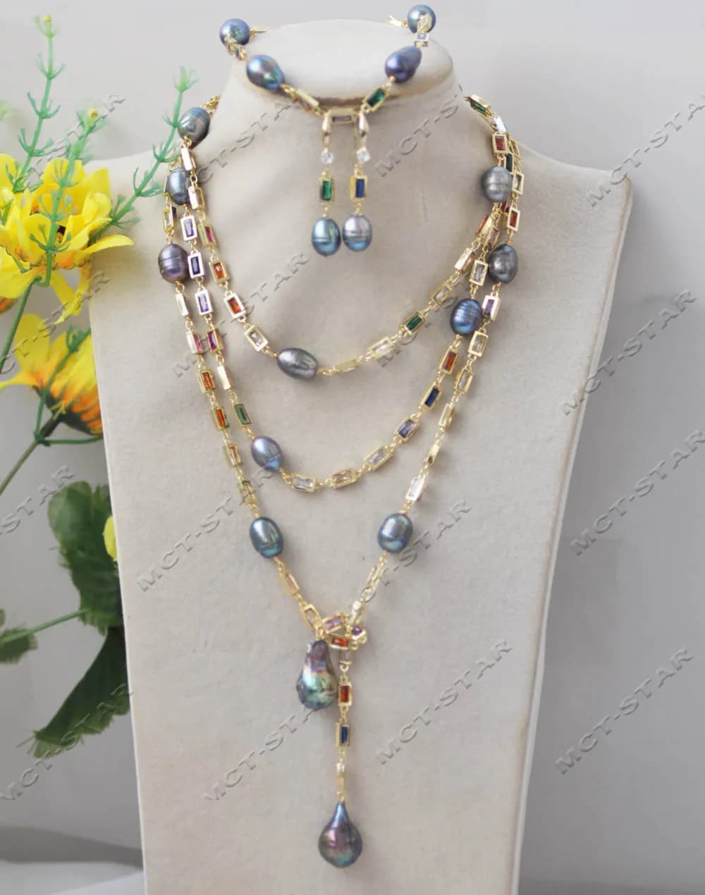 MTC·STAR Z13343 Set 52" Nero Keshi Perla Colore Misto Rettangolo Cz Catena Party Maglione Catena Collana Bracciale Orecchino