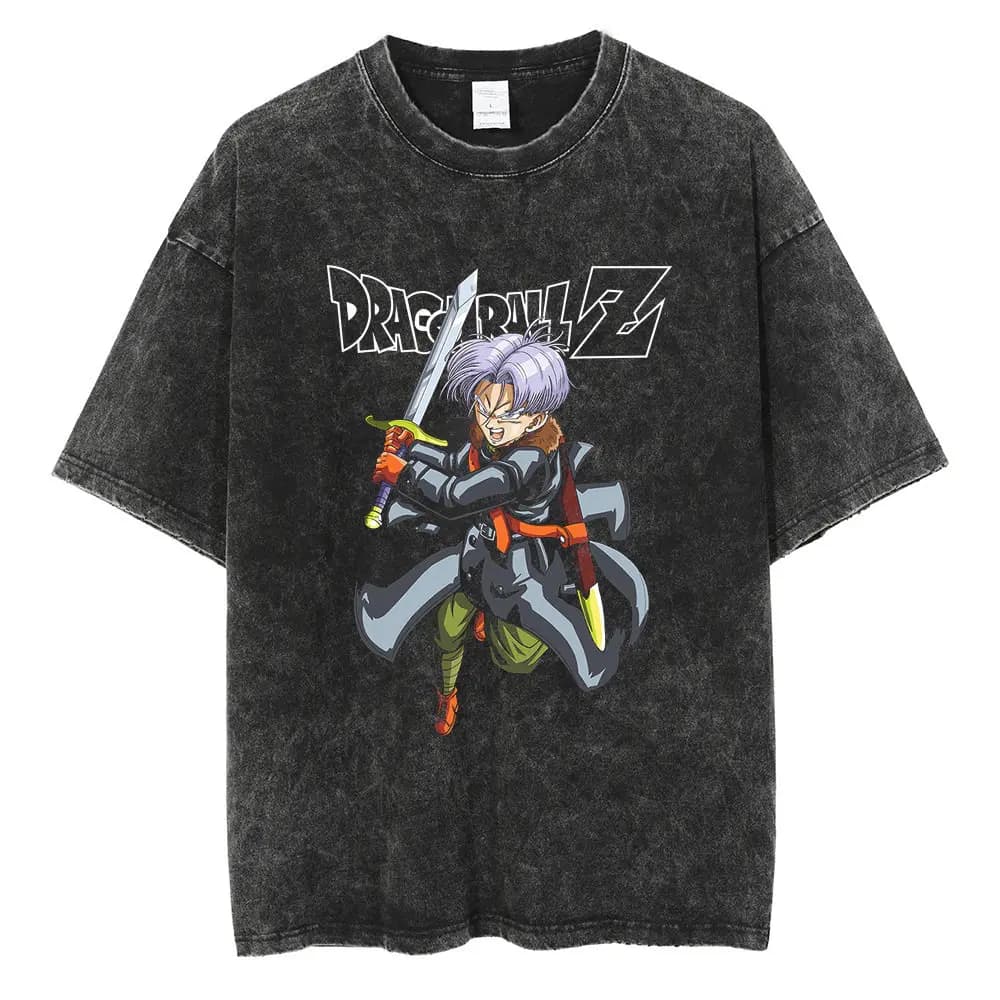 T-shirt Uomo Dragon Ball Z 2026 in Cotone Nero Lavato Oversize a Maniche Corte per Streetwear e Uso Quotidiano - Posizione di Combattimento con Spada