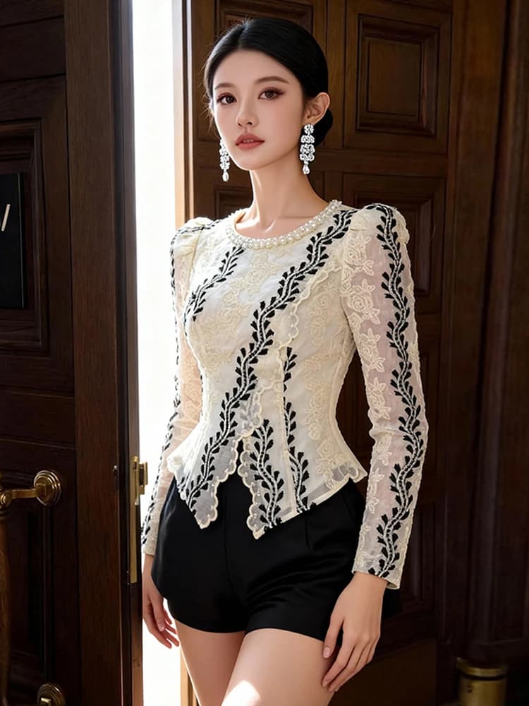 Nuova Camicetta da Donna con Ricamo in Pizzo, Top con Collo a O e Perle, Elegante Camicia Trasparente a Maniche Lunghe, Abbigliamento Moda per Feste e Uso Quotidiano