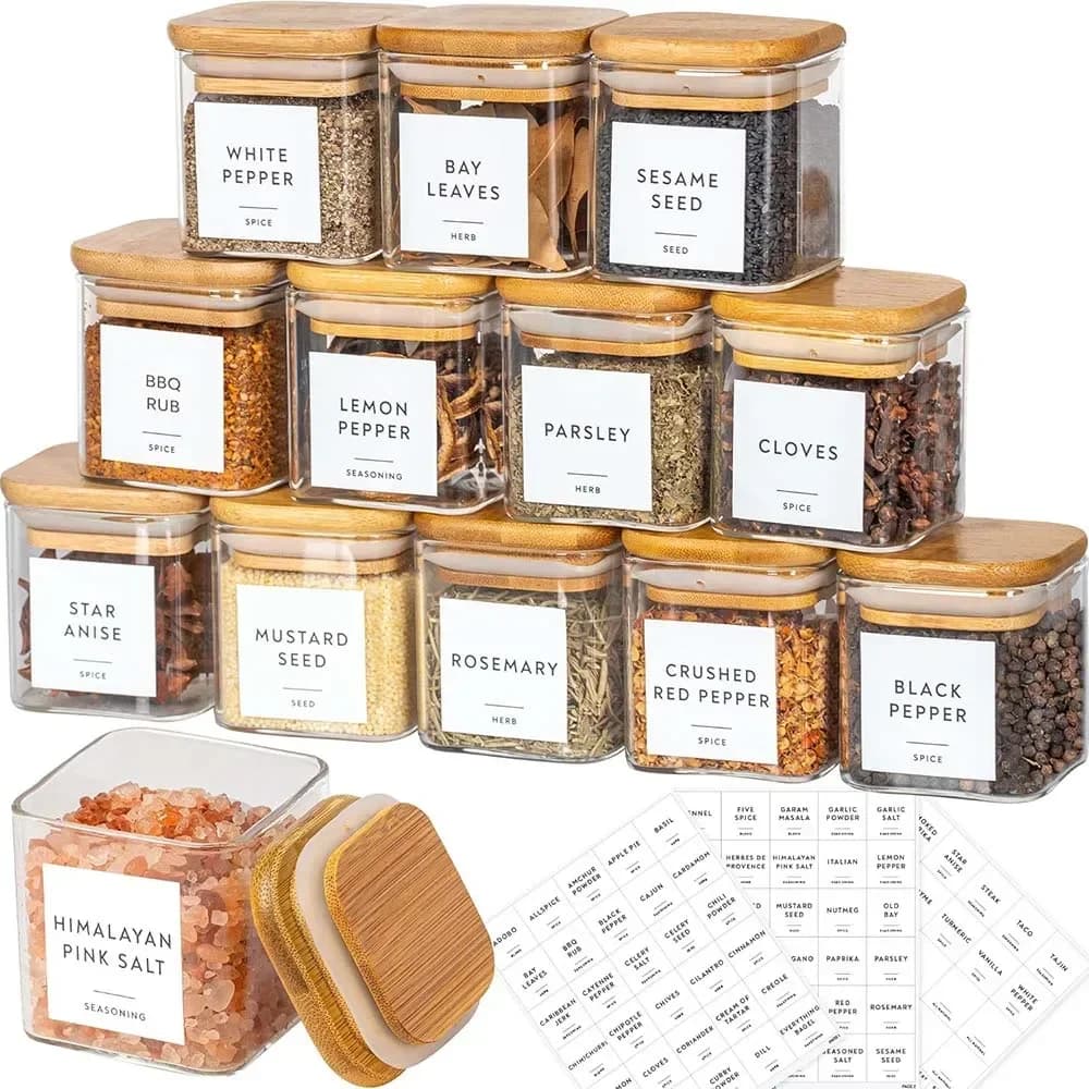 5oz Square Spice Jars with Bamboo Lids/Sticker Labels, Food Storage Container Canisters Glass Jars Set with Spice Labels 6*6cm
