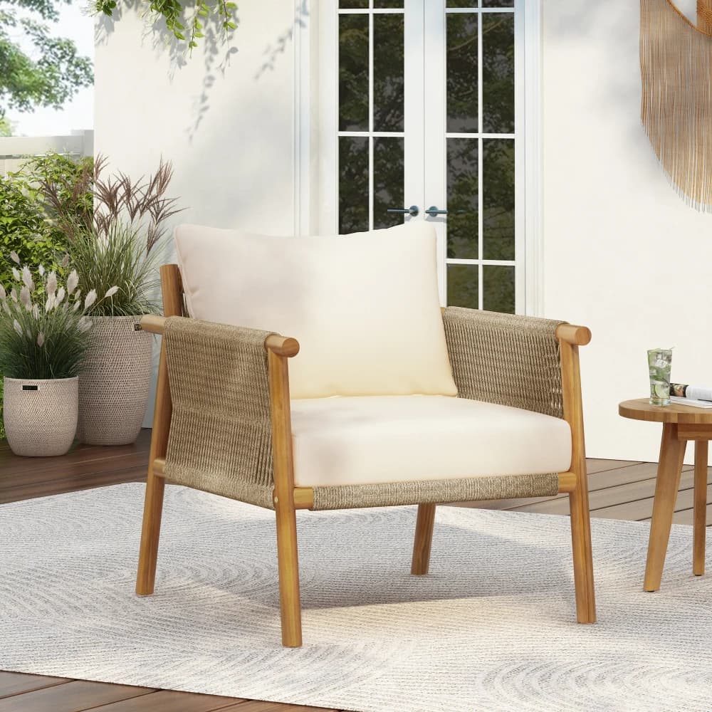 28" Outdoor Woven Lounge Chair: Solid Wood Frame, Polyester Cushions, Patio/Garden/Balcony