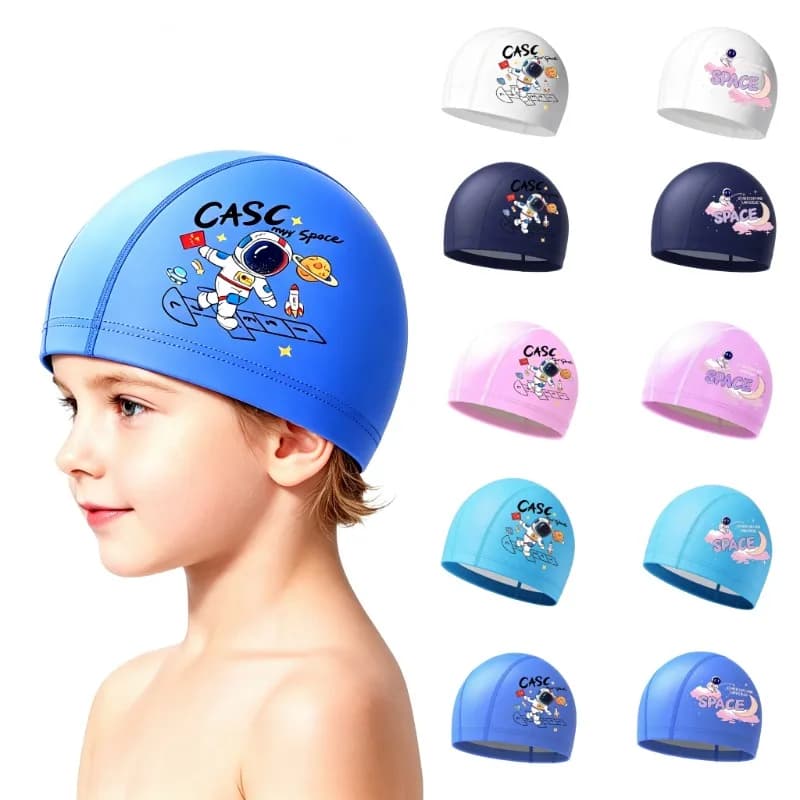 1PC Children Swimming Cap Waterproof Elastic PU Coated Kids Swim Hat Astronaut Print Water Play Hat Beach Essentials