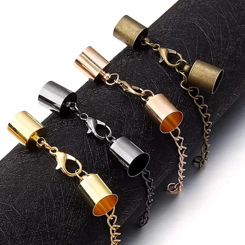 10 set of leather cord end caps with extension chain with snap hook for jewelry creation, necklace connector accessories, diy bracelets