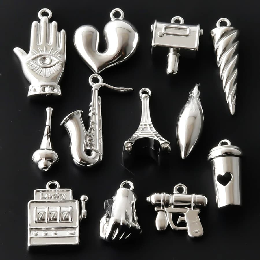 12Pcs Invariant Color 316 Stainless Steel Stereoscopic Pendant Pointed Cone Saxophone Fist Coffee Cup Assorted Pendants DIY Gift