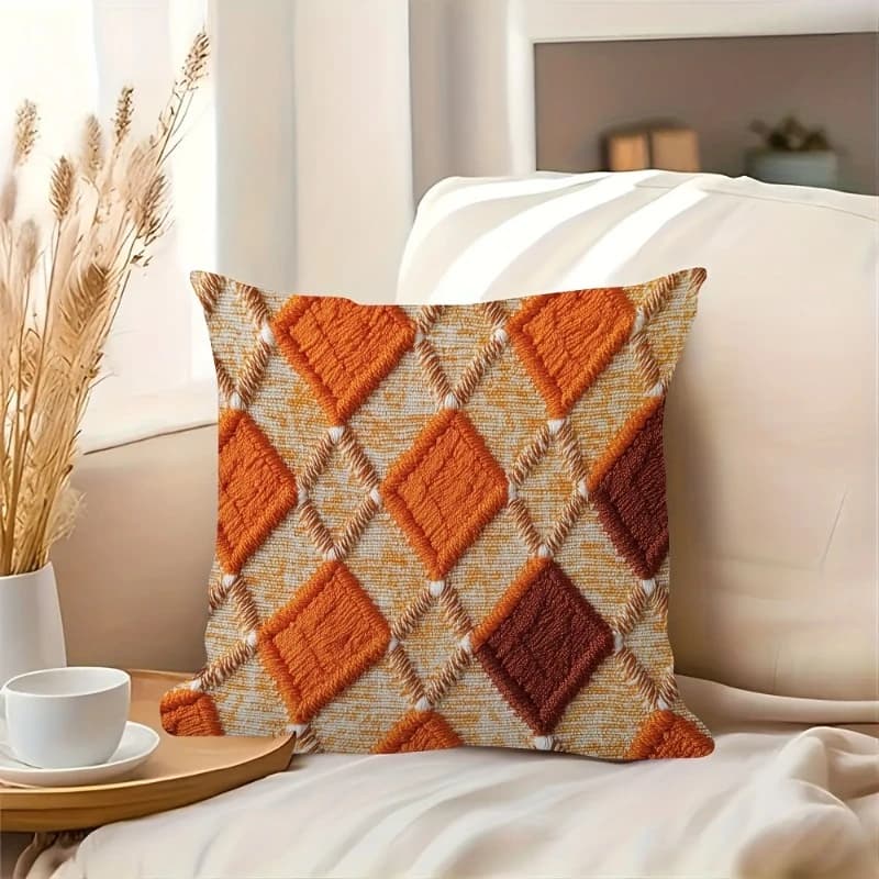 2D Tufted Orange Diamond Pillow Cover Boho Geometric Checkered Soft Throw Pillow Case for Sofa Bedroom Home Decor Gift