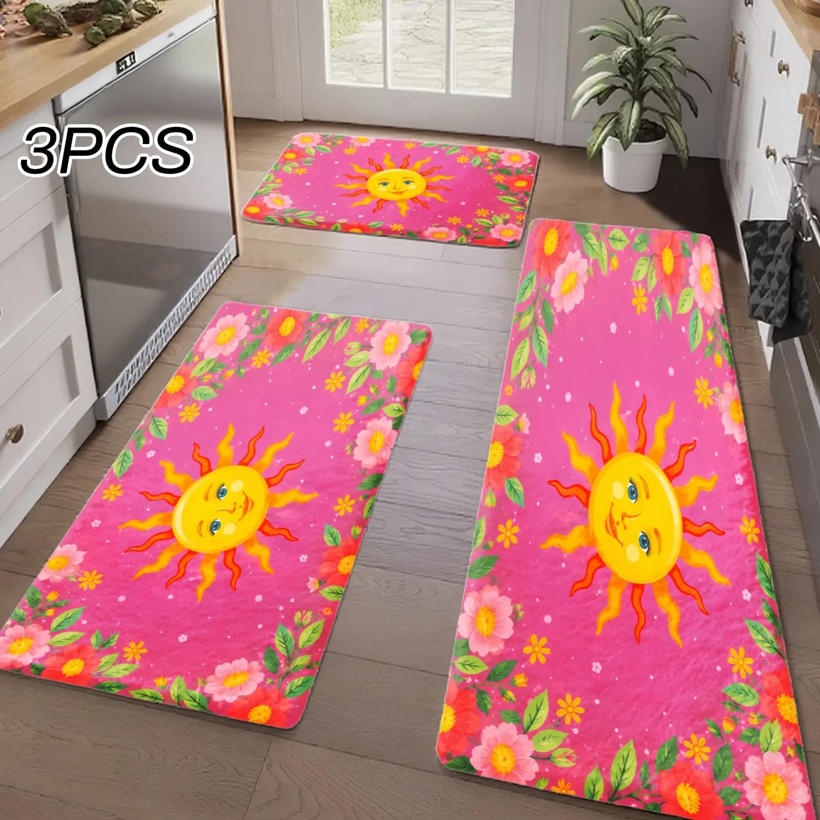 3PCS Kitchen Rugs,Home Decoration for Front Door, Kitchen, Bathroom, Sun Flower Pink Pattern Print Kitchen Mat Dining Mat