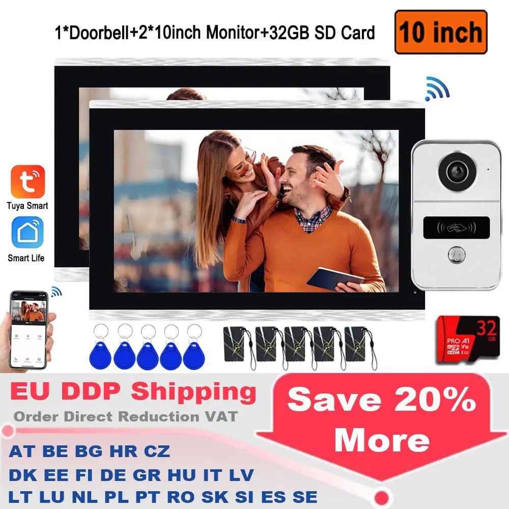 Videocitofono WiFi a 2 Fili con Schermo Touch LCD HD da 10 Pollici, Telecamera Esterna IR, Sistema Intercom Tuya Smart Home, 32G, Spedizione EU DDP
