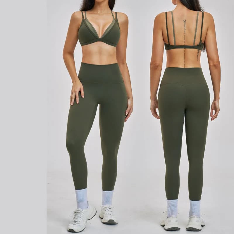 Completo sportivo da donna 2 pezzi: Top sportivo senza schienale a tinta unita e pantaloni push-up attillati lunghi per fitness e corsa