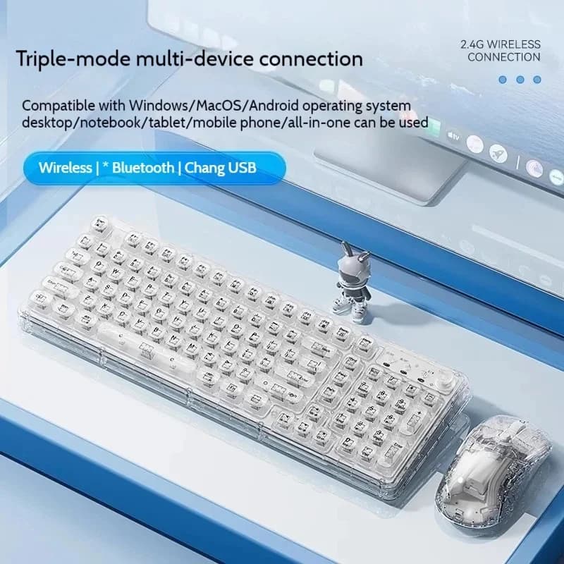 Transparent Ice Crystal Wireless Bluetooth Keyboard Mouse Combo Set Silent Mute RGB Backlight Tri-mode Mechanical Feel Keyboard