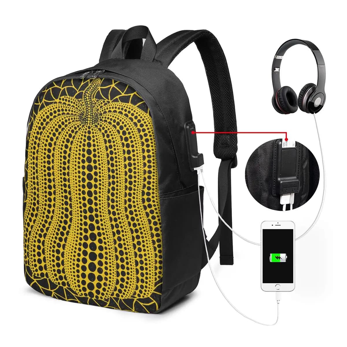Zaino artistico astratto a forma di zucca di Yayoi Kusama, borsa da viaggio per notebook, borsa per computer, borsa da scuola per studenti universitari, borse a tracolla per laptop
