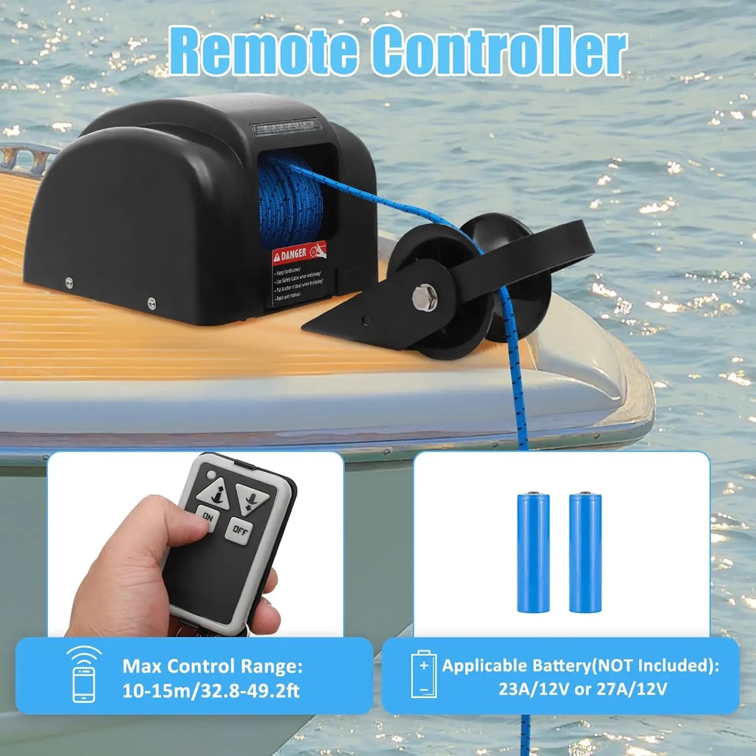 Kit verricello per ancoraggio per barca elettrica 12V con corda di ancoraggio da 100 piedi Verricelli da traino resistenti con telecomando per barca da pesca da 24 piedi