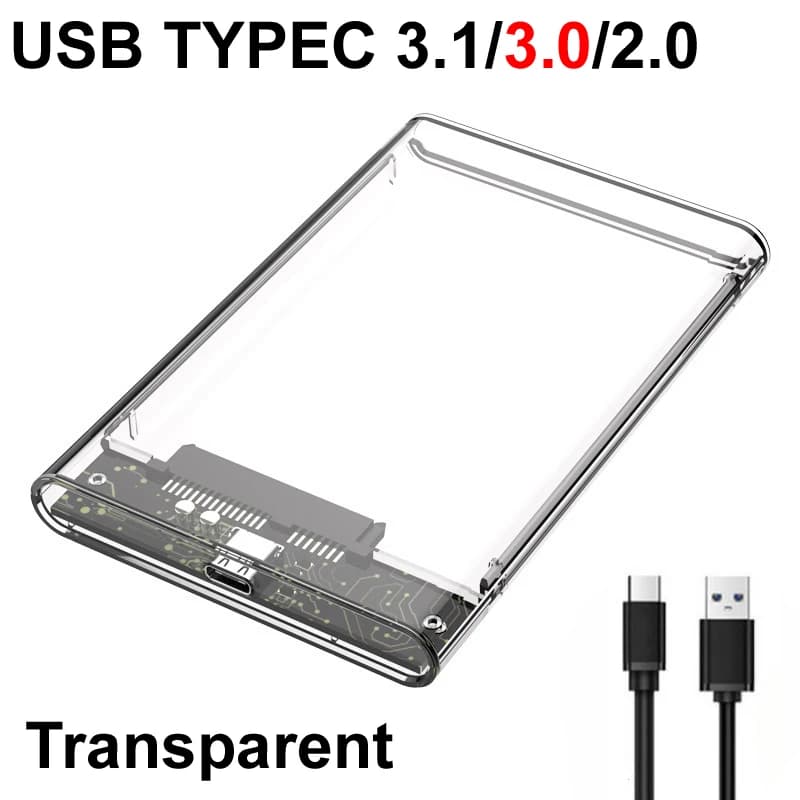 Nuovo USB C Tipo C 3.0/2.0 HDD Custodia per disco rigido SATA SSD da 2,5 pollici Supporto HDD esterno mobile trasparente da 6 TB