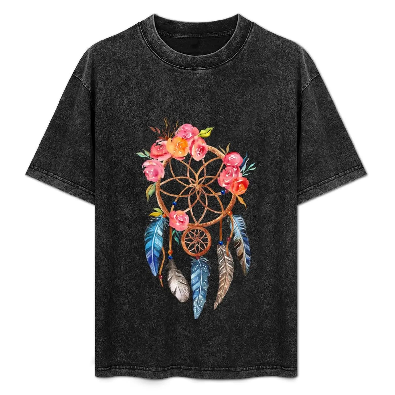 Image: Watercolor, flowers and feathers dreamcatcher T-Shirt Simple Trendy Casual T-Shirt