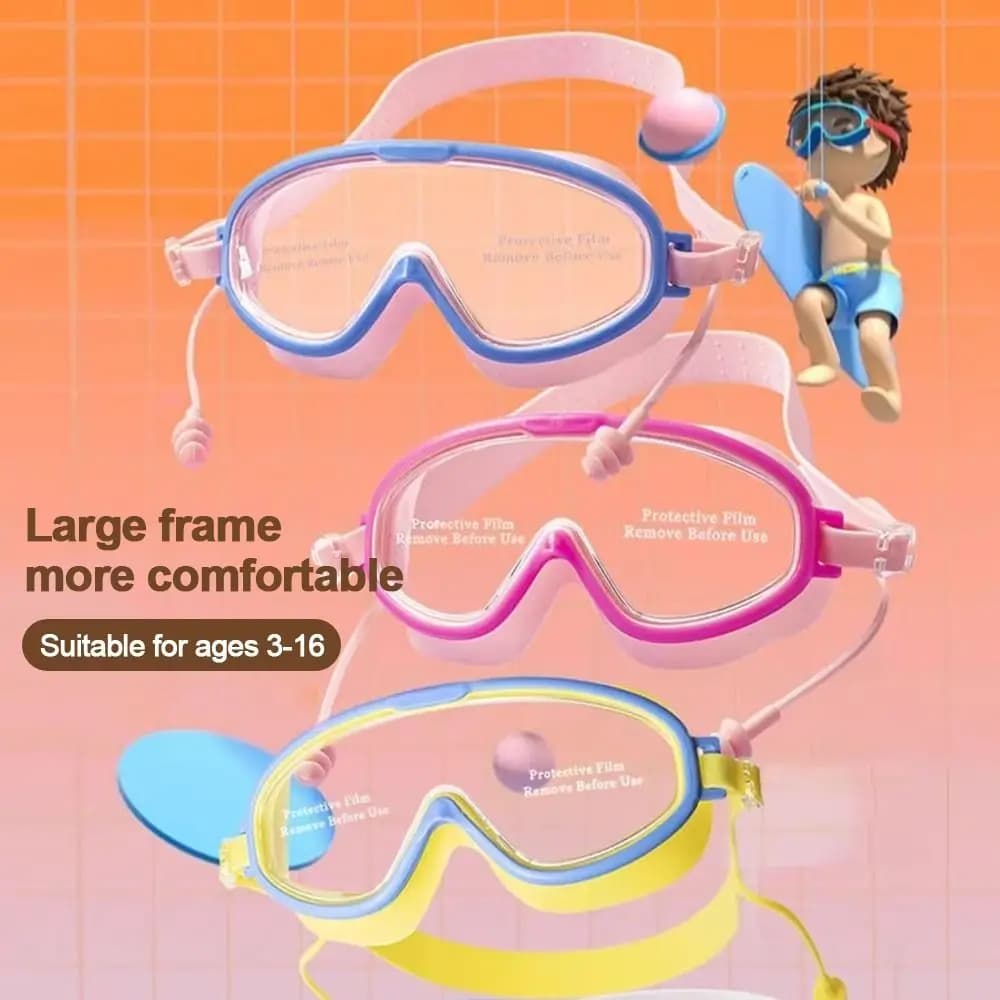 Occhialini da Nuoto con Montatura Grande e Tappi per le Orecchie, Impermeabili, Antiappannamento, con Ampia Visuale e Alta Definizione