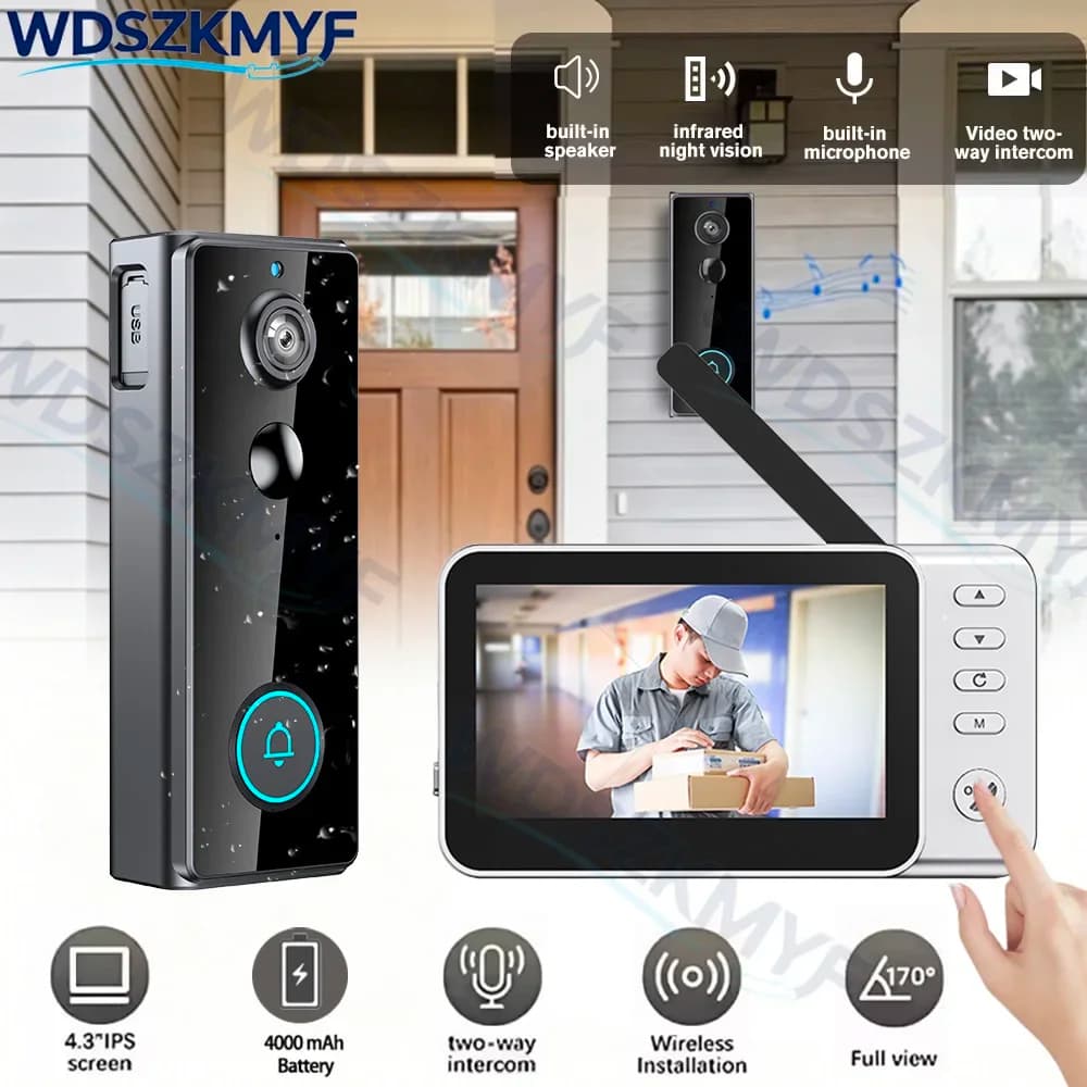 Waterproof Video Monitoring Doorbell 4.3 Inch IPS screen 4000mAh PIR motion sensor Two-way intercom 2.4G Video Doorbell Camera