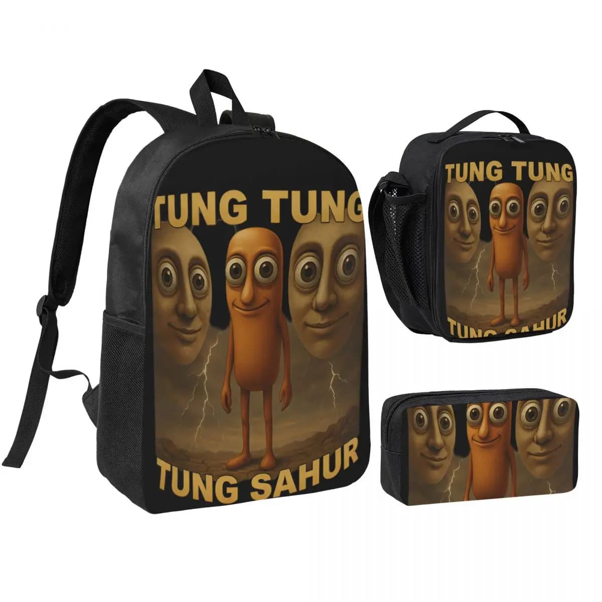 Tung Sahur 3pecs/set Backpack for Student Italian Brainrot Meme College Daypack Lunch bag Pencil Case